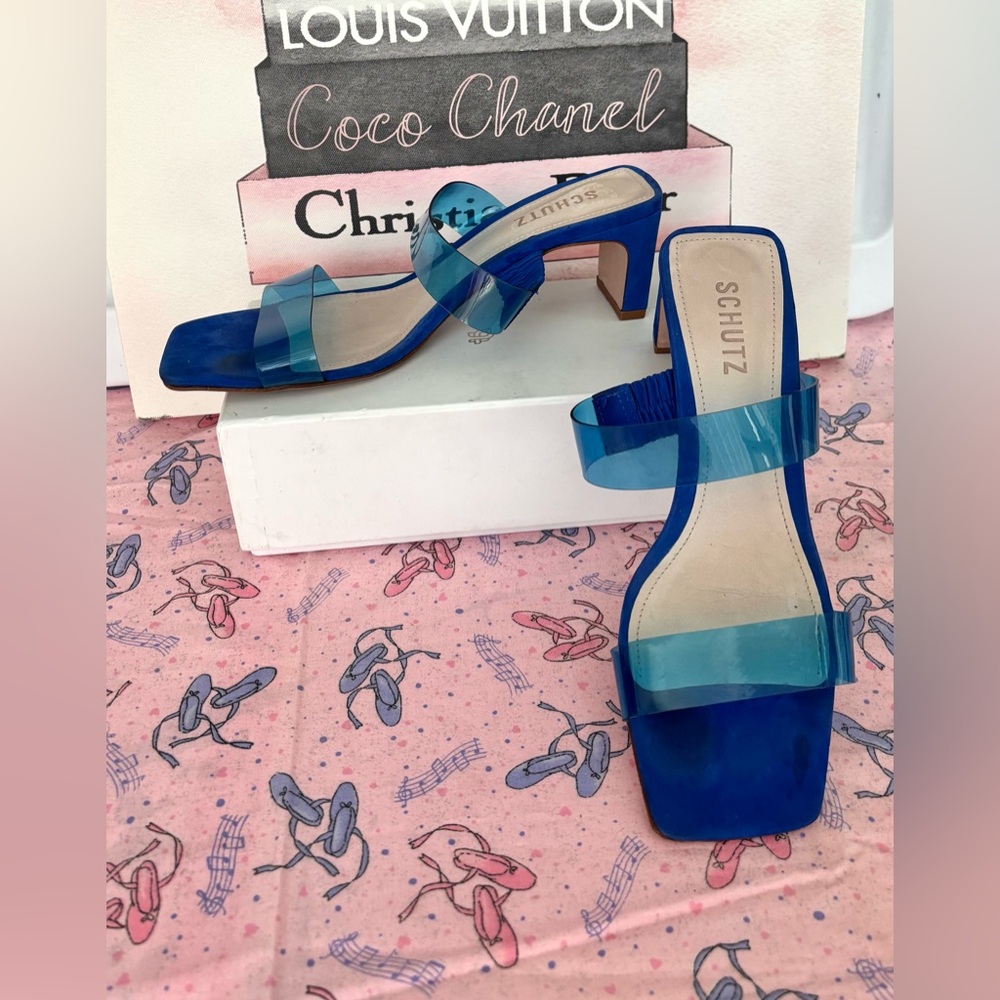 Schutz Arielle Azul Blue Clear Acrylic Strap Mid Block  Heeled Sandals Size 7.5